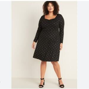 NEW Old Navy Ponte Polka Dot Knit Dress 2X Black Gold Fit Flare Long Sleeve